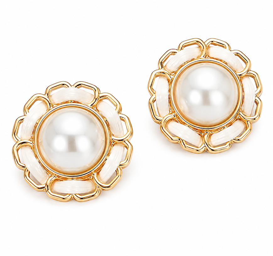 Pearl & White Enamel Flower Statement Earrings