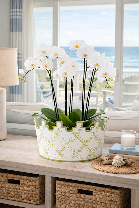 White & Green Trellis Scalloped Footed Planter: Final Sale