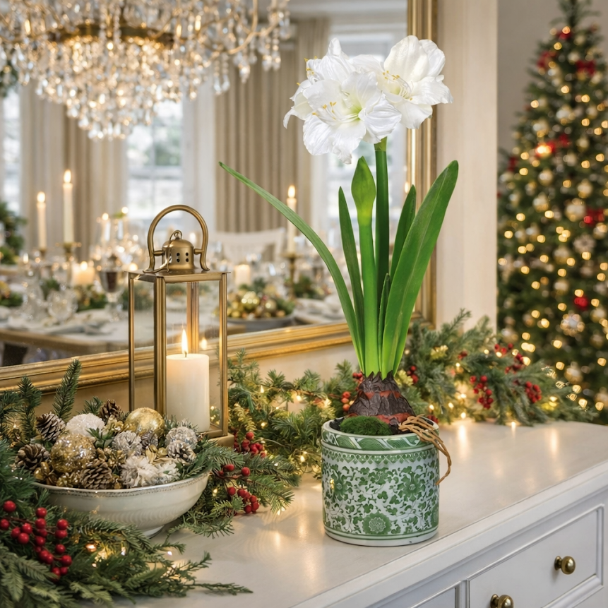 27.5" Amaryllis in Green & White Pot