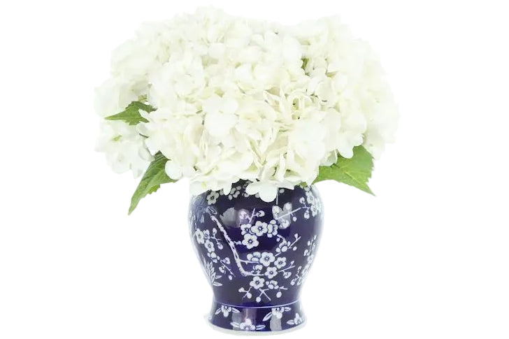 Navy Cherry Blossom Jar with White Hydrangeas
