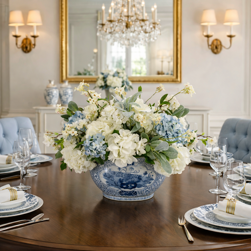 Blue & White Mixed Florals in Porcelain Trellis Bowl