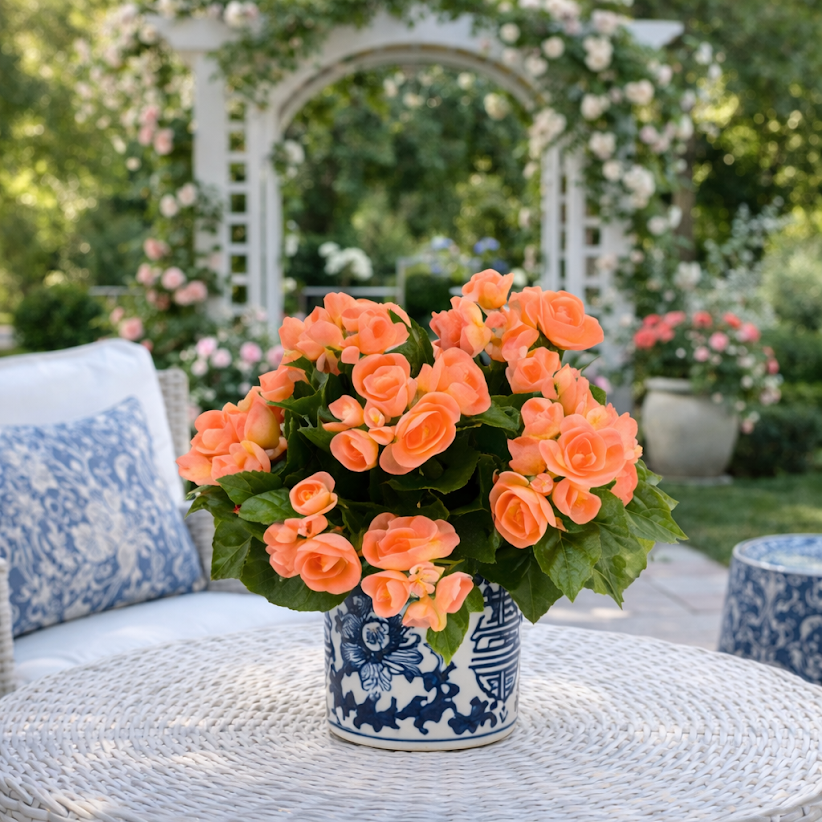 Apricot Begonia in Blue and White Planter