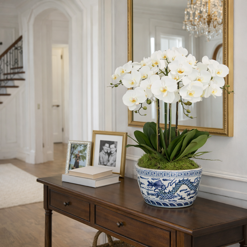 4 Stem White Orchid in Porcelain Dragon Bowl