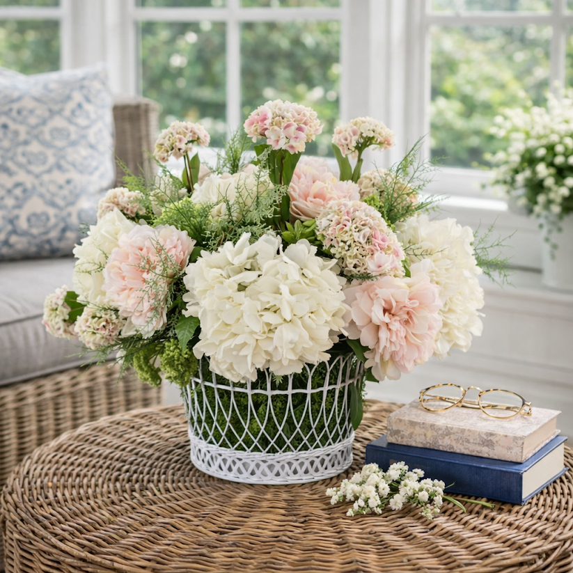 French Wire Basket Blooms: Hydrangea, Peony & Viburnum Arrangement