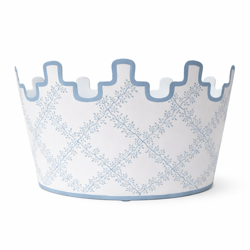 White & Blue Trellis Scalloped Footed Planter: Final Sale