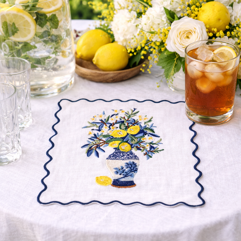 Set of 4 Lemon Floral Embroidered Cocktail Napkins