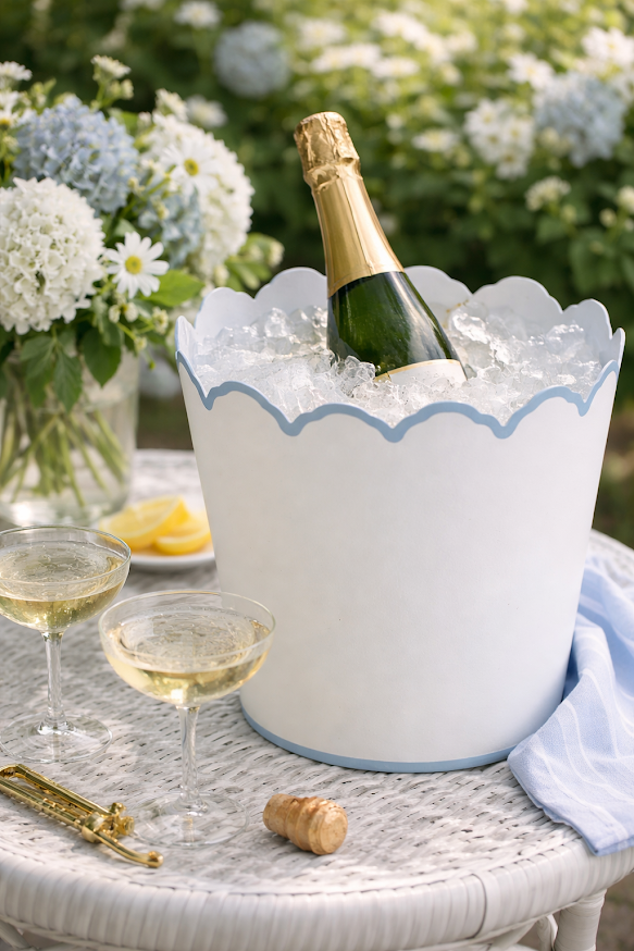 White & Pale Blue Scalloped Bucket Wastepaper Basket & Planters (3 Sizes)