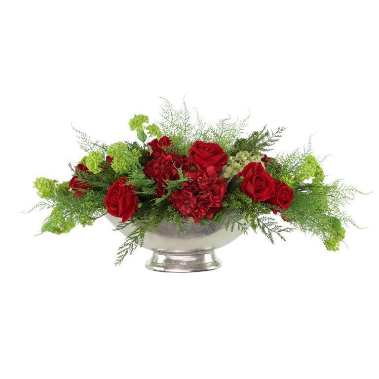 Holiday Floral with Roses and Hydrangeas Arranged in a Metal Vase