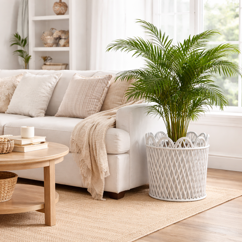 White Rattan Scalloped Floor Planter