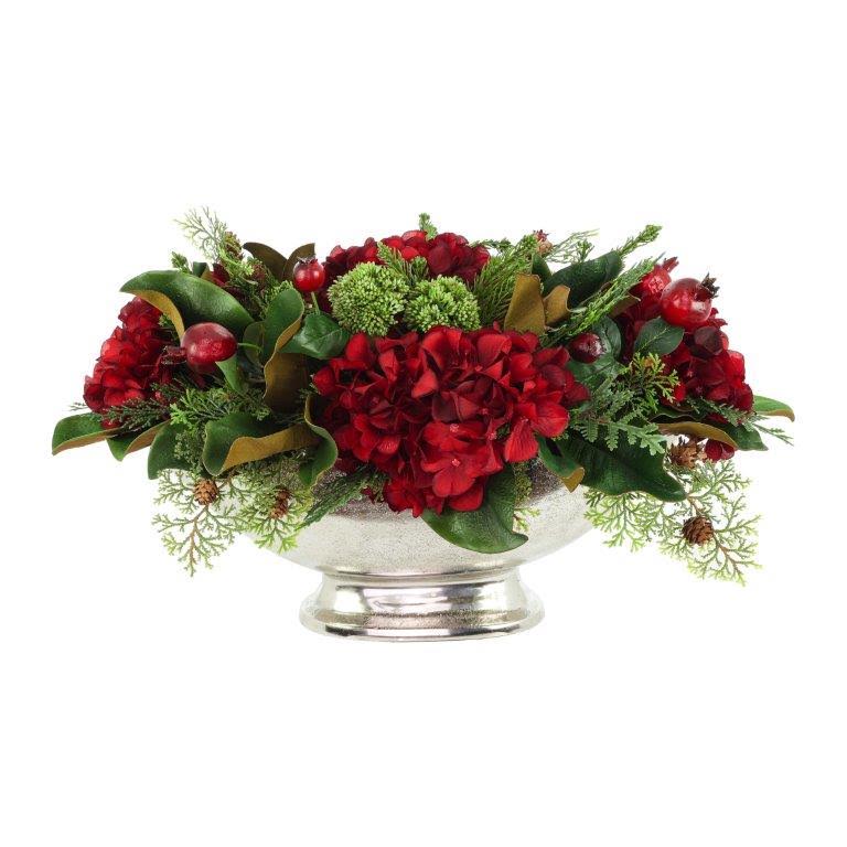 Hydrangea Holiday Arrangement in a Metal Pot with Sedum and Berries