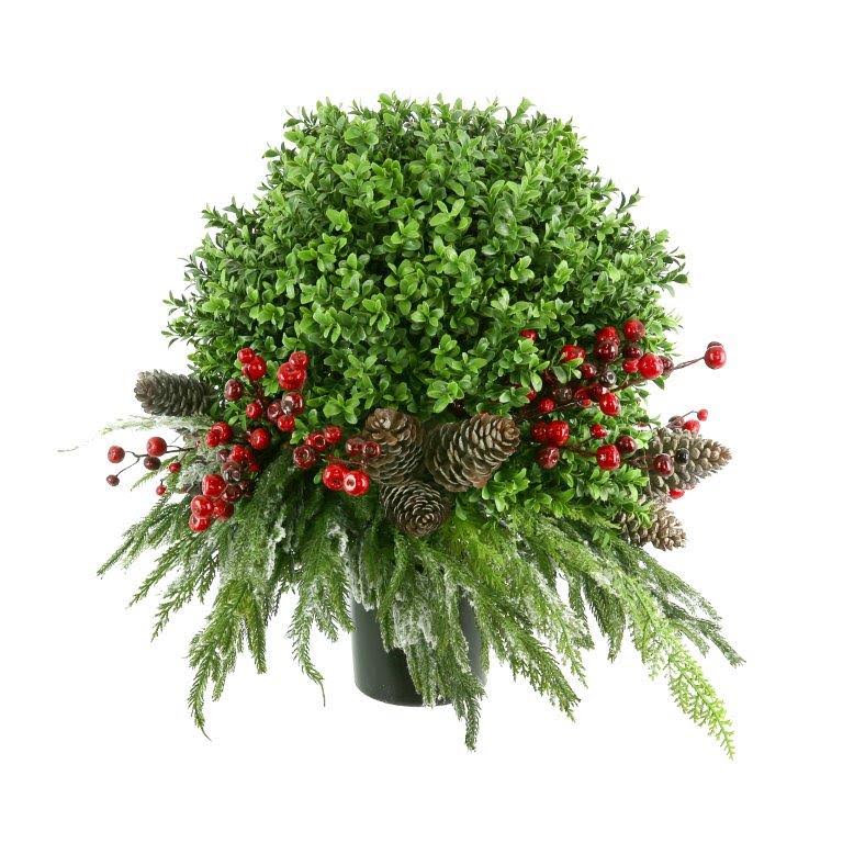Holiday Boxwood Arrangement with Pine and Berries in a Plastic Liner
