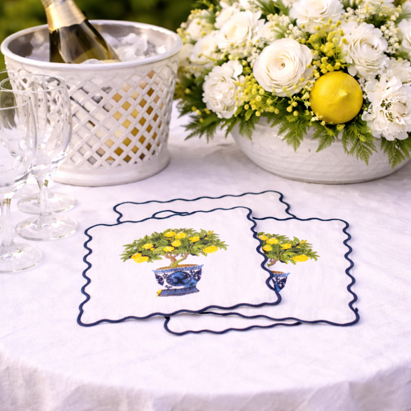 Set of 4 Lemon Topiary Embroidered Cocktail Napkins