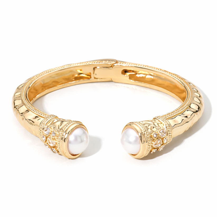 Pearl-Tipped CZ Hinged Cuff Bracelet – Gold Plated