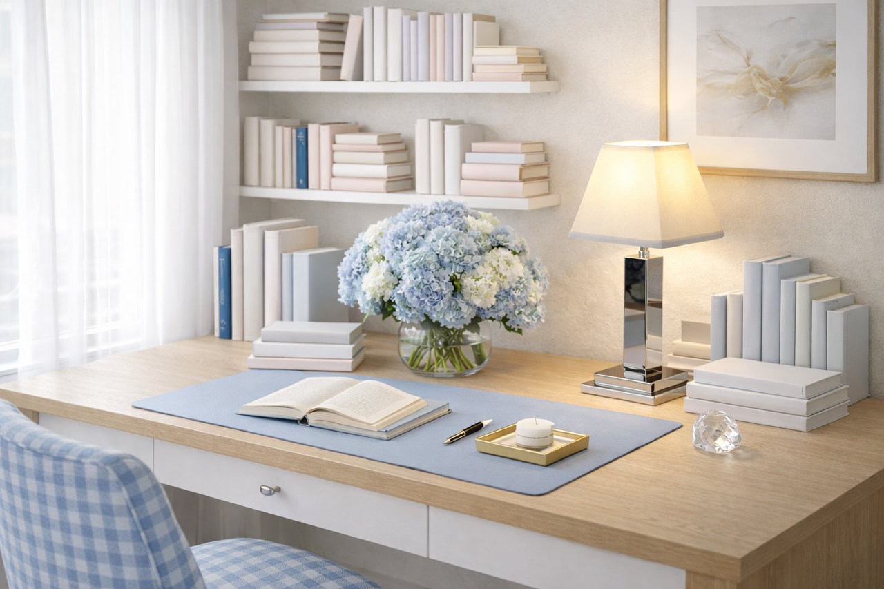 Silver Square Rechargeable Lamp with Blue Trim Shade