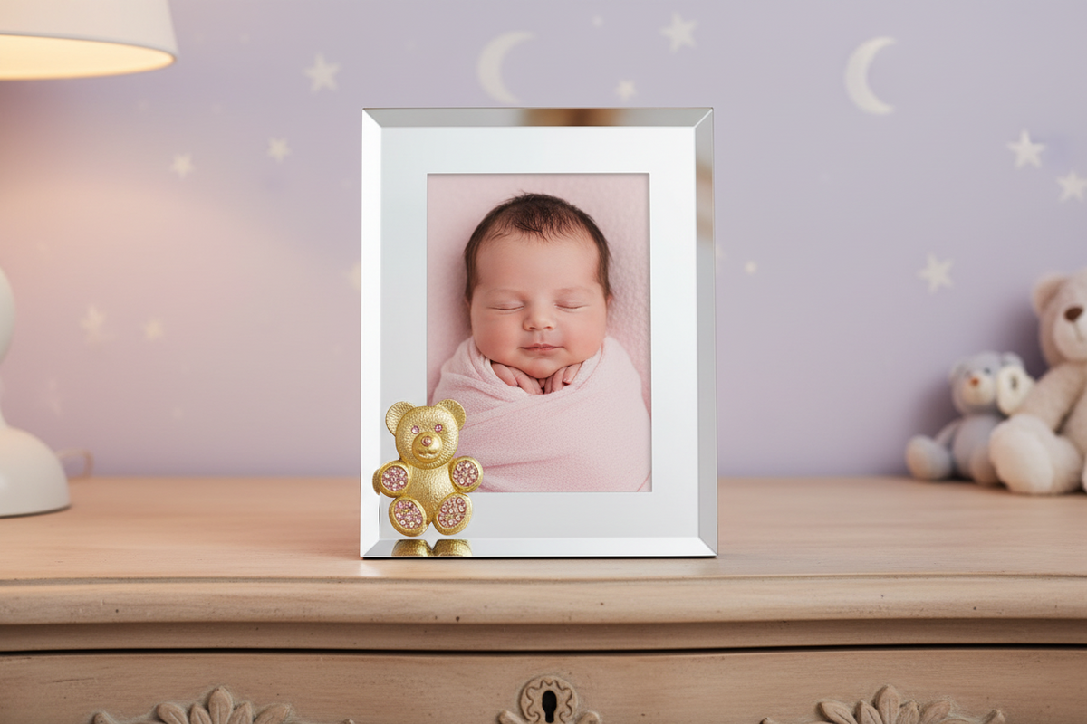 Teddy Bear with Light Rose Crystals 5" x 7" Picture Frame, Gold