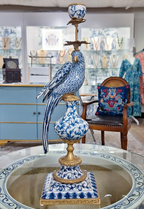 Blue & White Porcelain Bird Ormolu Candle Stick