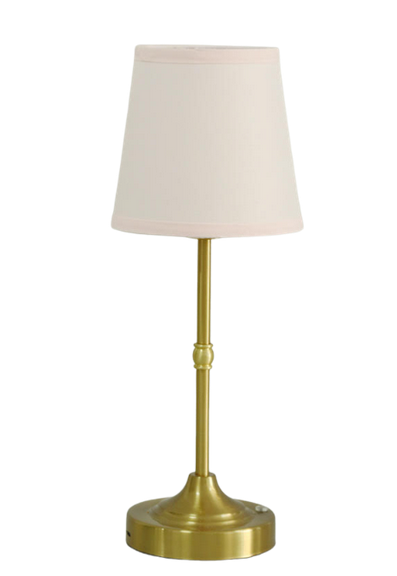 Antique Gold Metal Mini Rechargeable Lamp with Soft Pink Shade