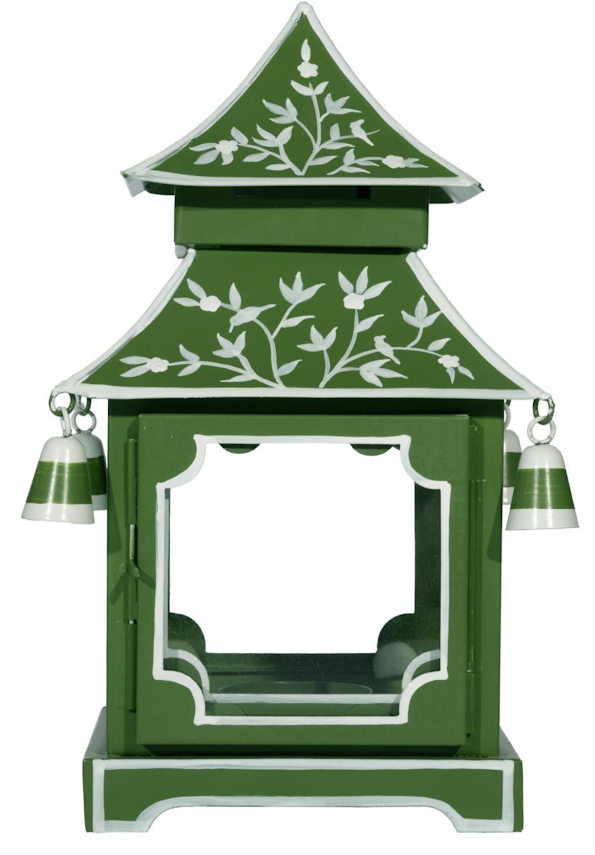 Moss Green with White Floral Detail Pagoda Lantern