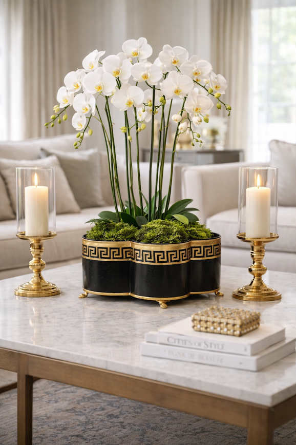 Black & Gold Greek Key Quatrefoil Planter