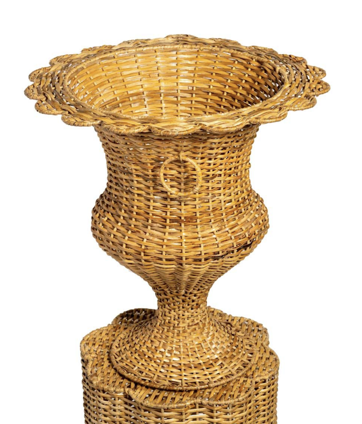 Large Round Scalloped Wicker Urn and Pedestal