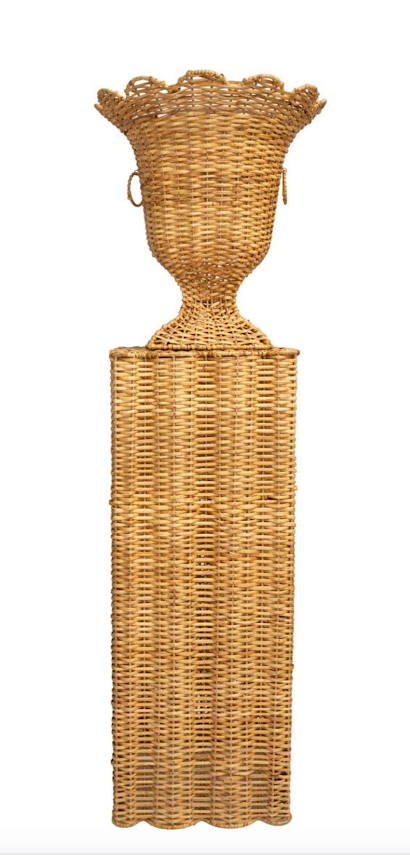 Large Square Scalloped Wicker Urn and Pedestal