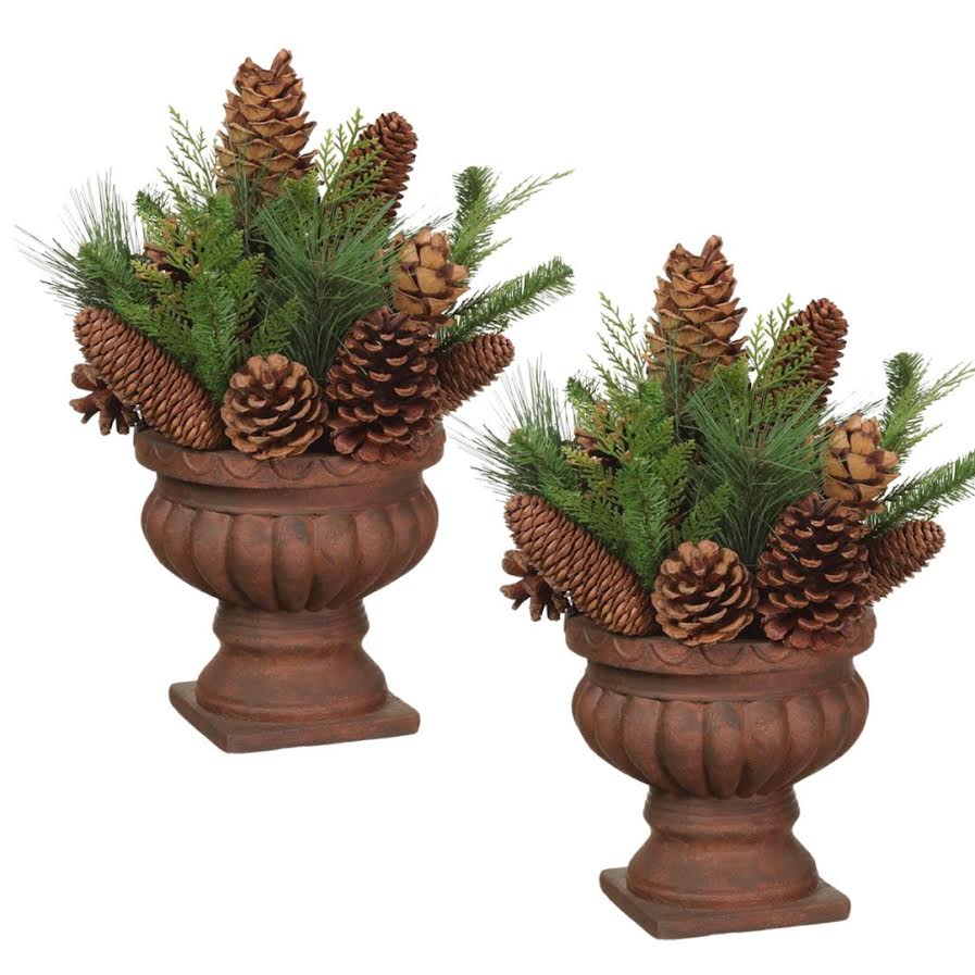 Pair of Pinecone & Evergreen Arrangements in a Rust Urn