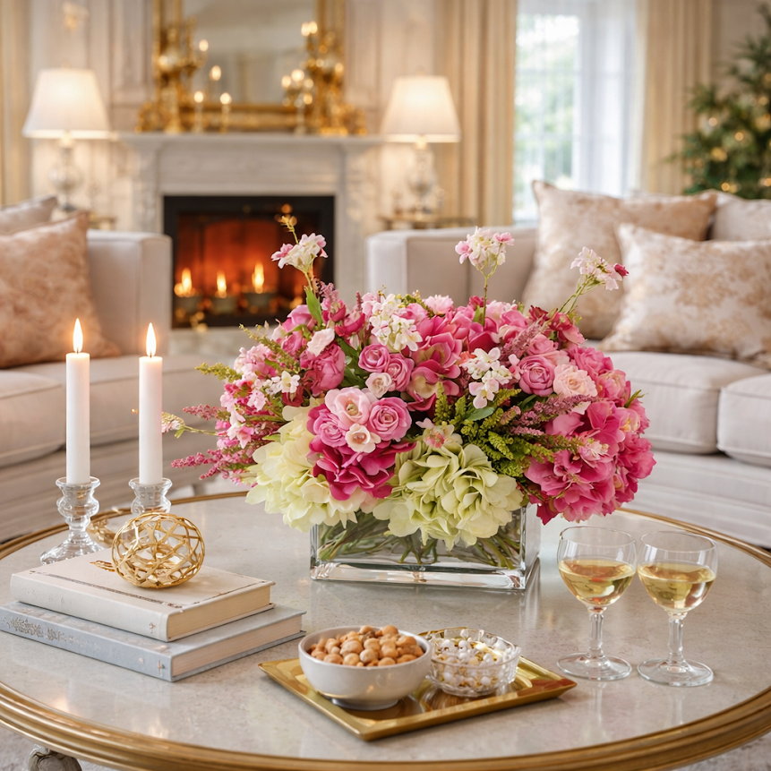 Hydrangea, Heather and Ranunculus Arranged in Rectangular Glass Vase