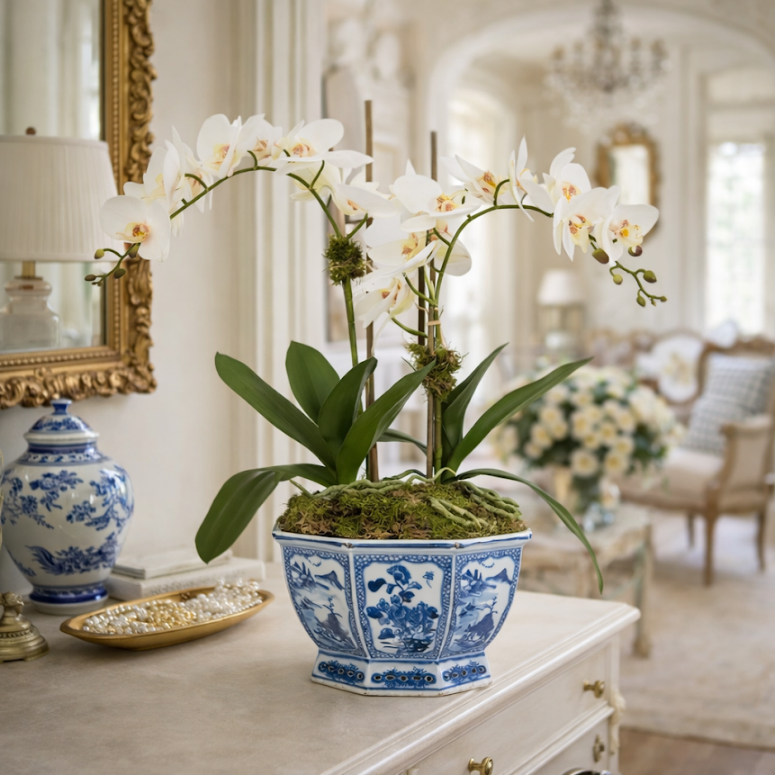 Two Stem Orchid in Mid Size Hexagon Planter