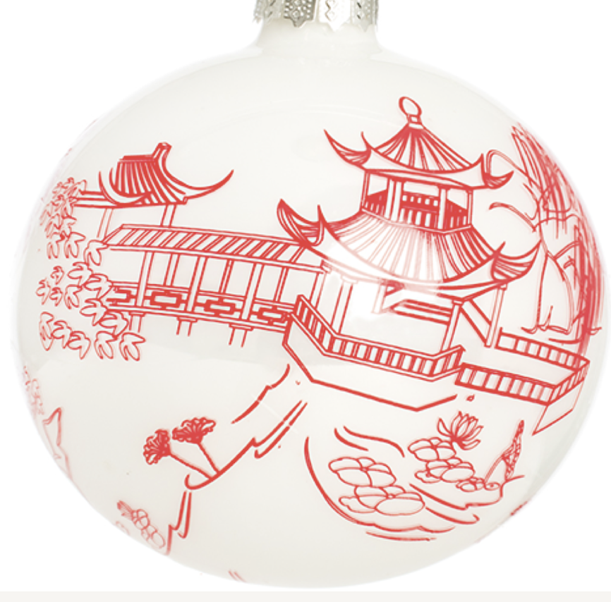 Red & White Village Scene Ball Ornament