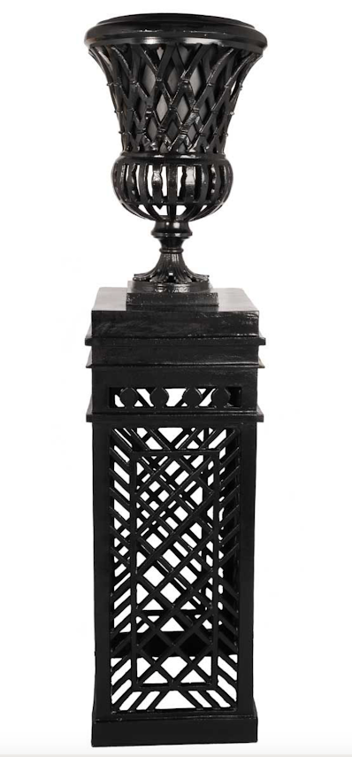 Black CAST ALUMINUM FRETWORK URN AND PEDESTAL