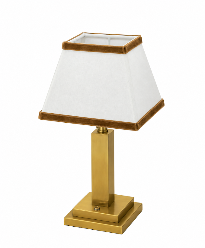 Gold Square Rechargeable Lamp with Cognac Velvet Trim Shade