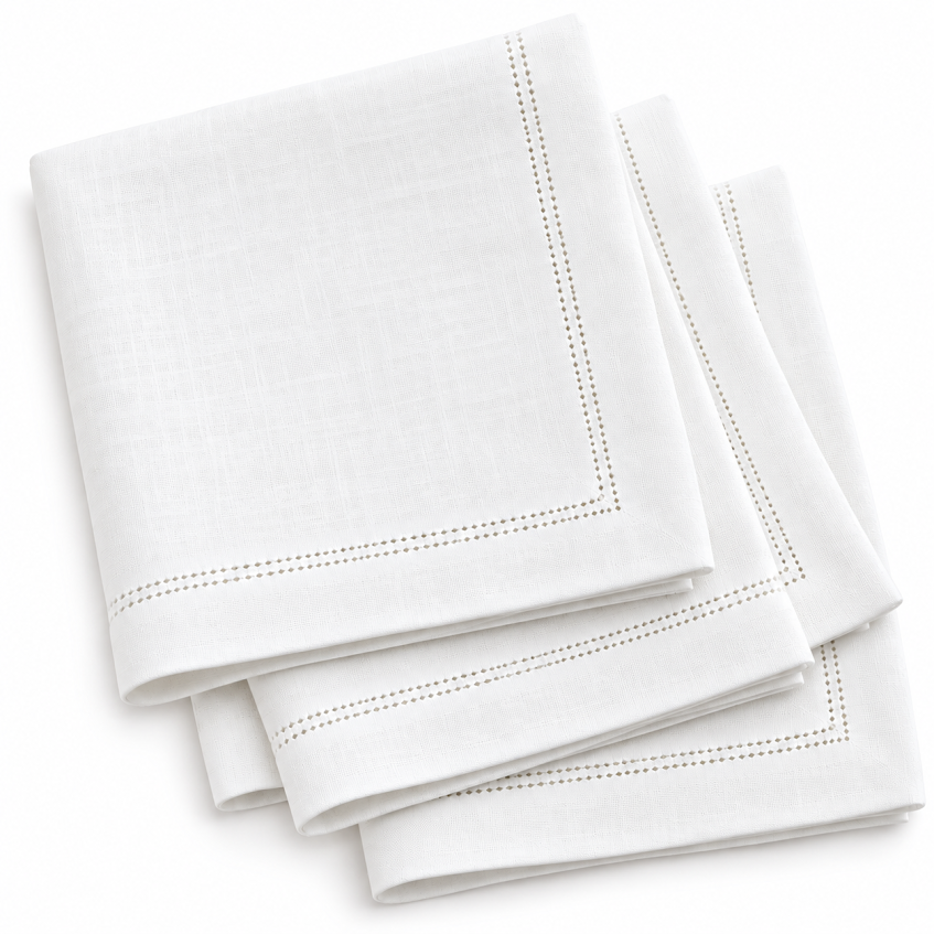 Set of 4 Classic White Hemstitch Linen & Cotton Dinner Napkins