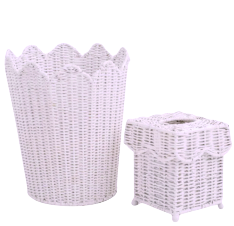 Pink Scalloped Wicker Wastepaper Basket & Tissue Holder