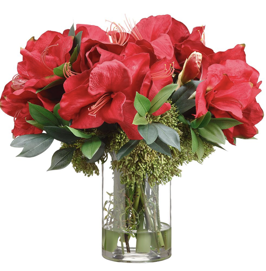 Red Amaryllis Arrangement in Glass Container