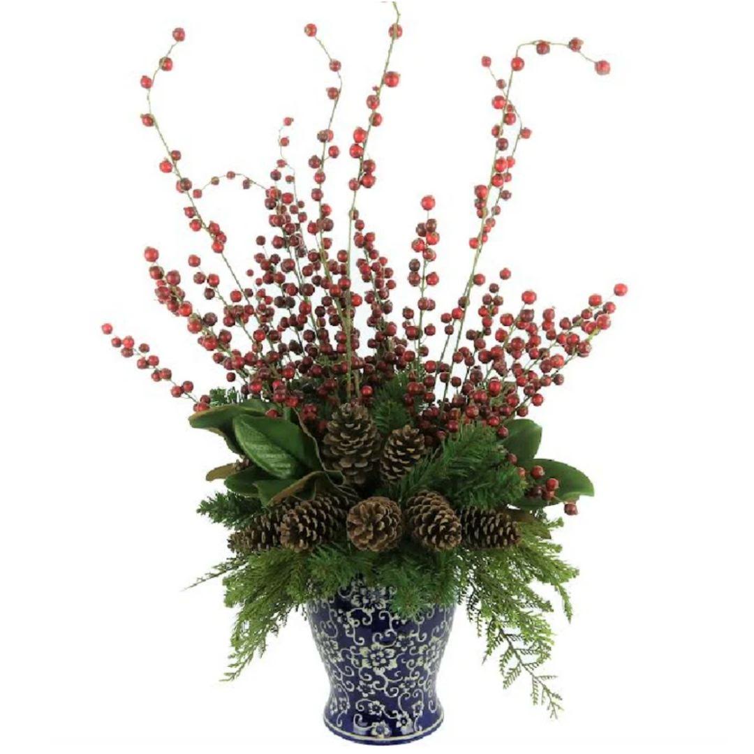 Berry, Magnolia & Evergreen Arrangement in Porcelain Ginger Jar