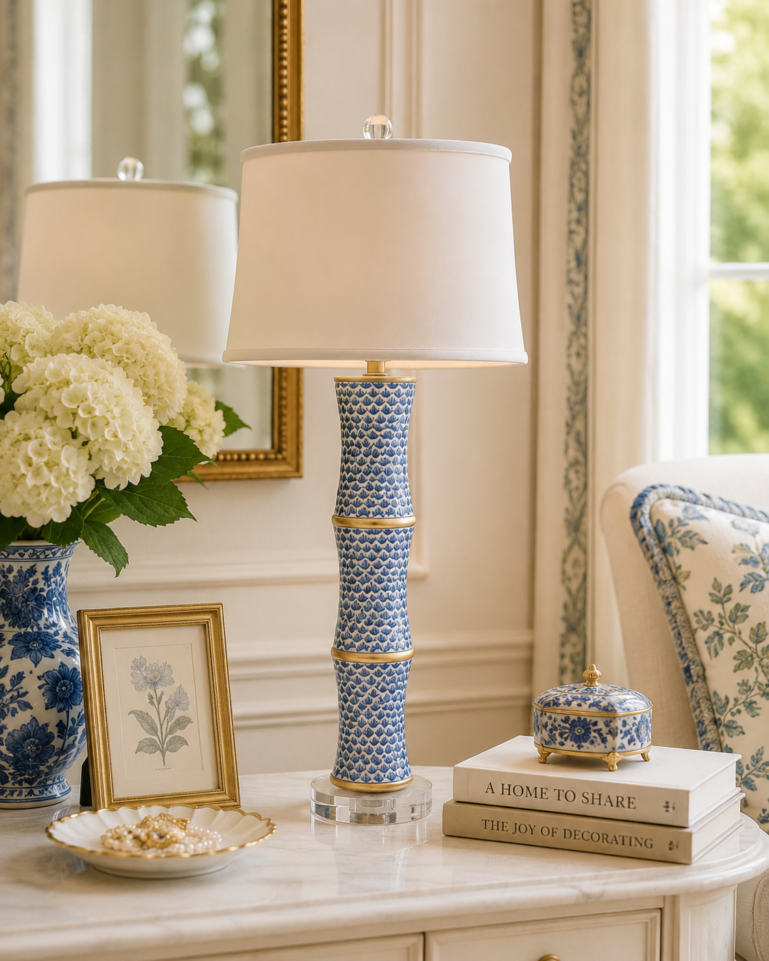 Blue & White Fish Scale Bamboo Lamp