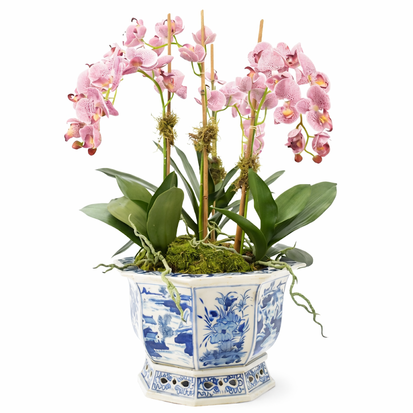Four Stem Pink/Purple Orchid in Round Porcelain Planter