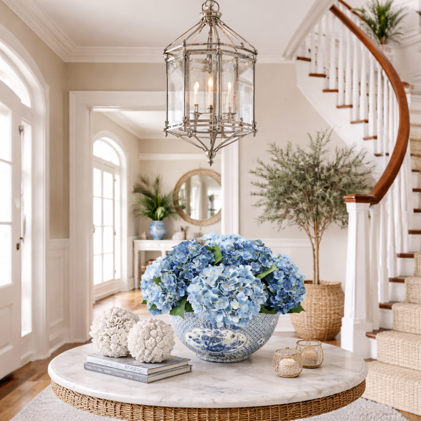 Blue Hydrangea in Porcelain Trellis Bowl