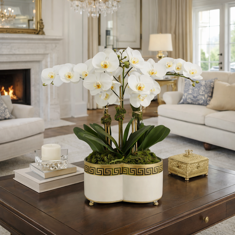 3 Stem White Orchid in Ivory Greek Key Quatrefoil Planter