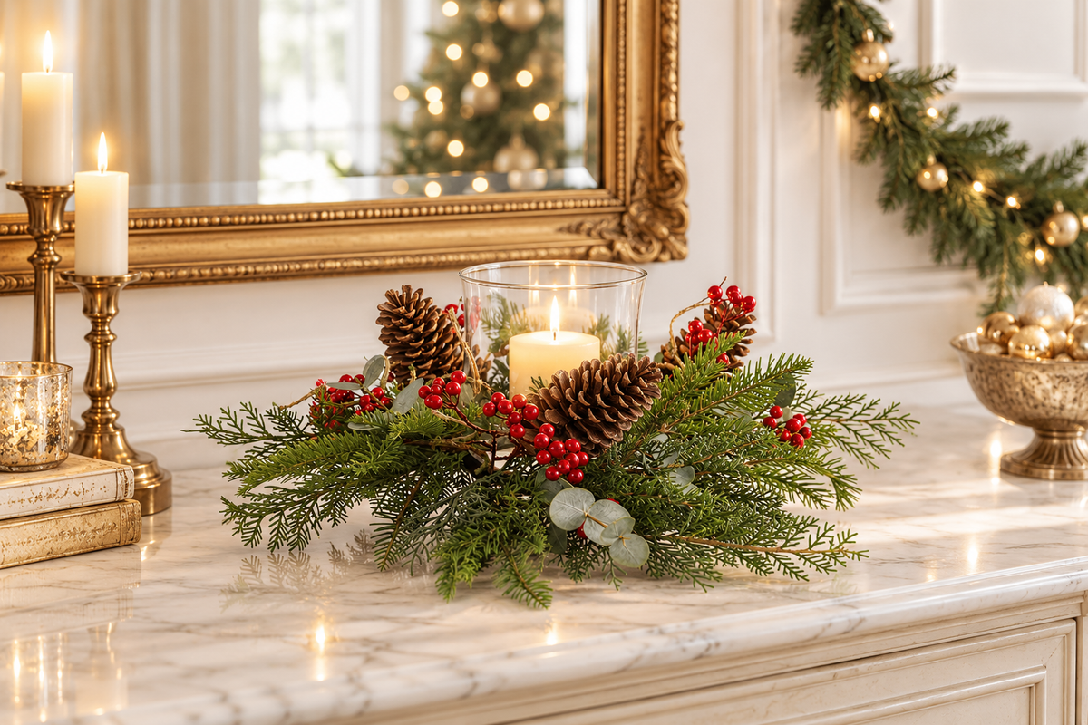 Berry & Pine Centerpiece With Glass Candleholder