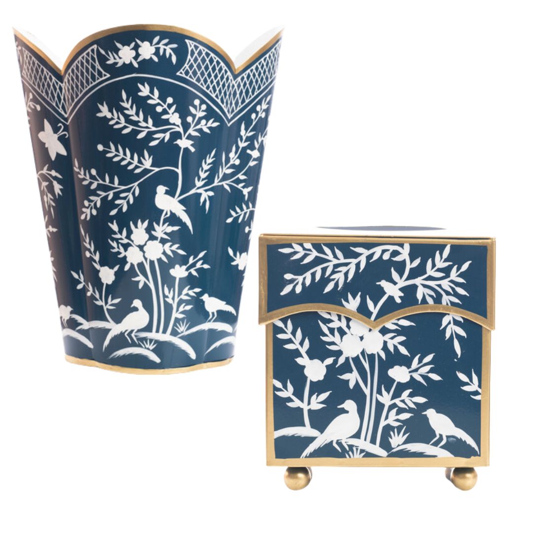 Navy & White Chinoiserie Wastepaper Basket & Tissue Holder Set