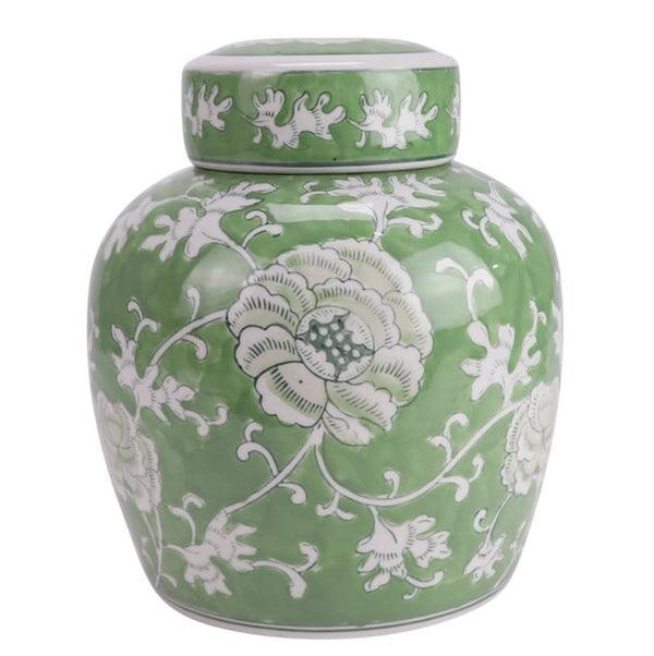 Green & White Floral Flat Top Jar