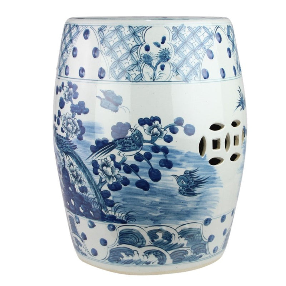 Bird and Floral Garden Seat with Raised Blue Dots