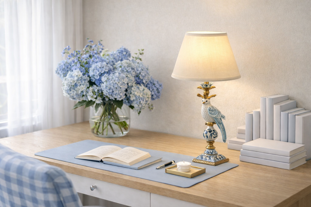 Blue & White Porcelain Bird Ormolu Rechargeable Lamp