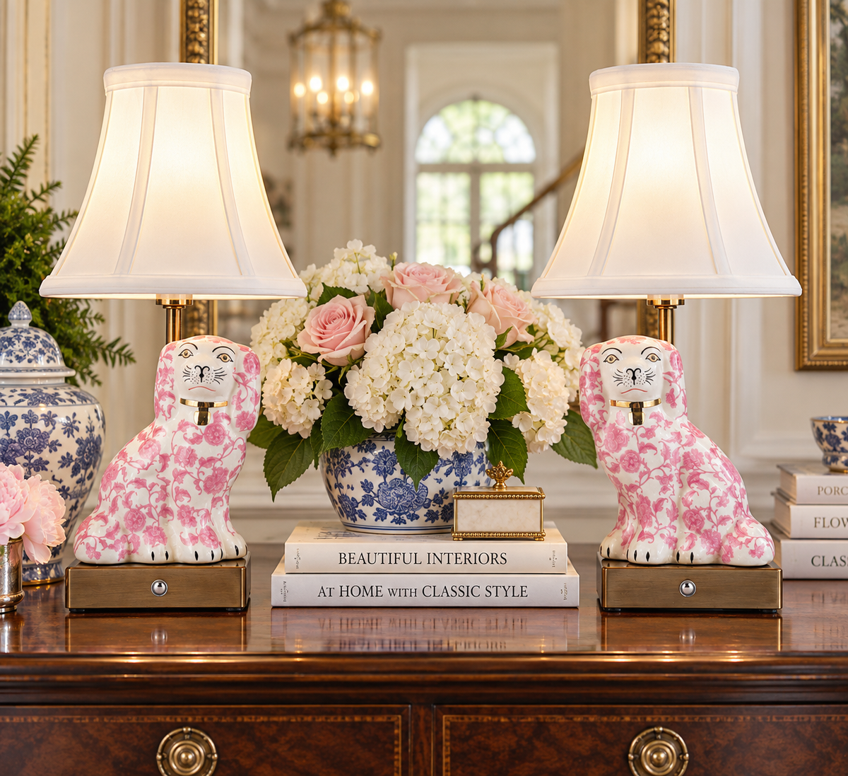 Pair of Pink Floret Staffordshire Dog Rechargeable Lamps