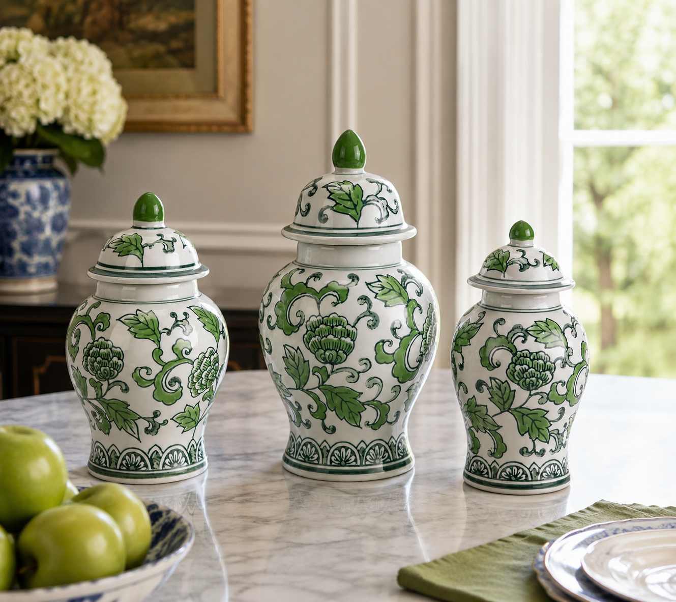 Set of 3 Green & White Floral Food Safe Jars