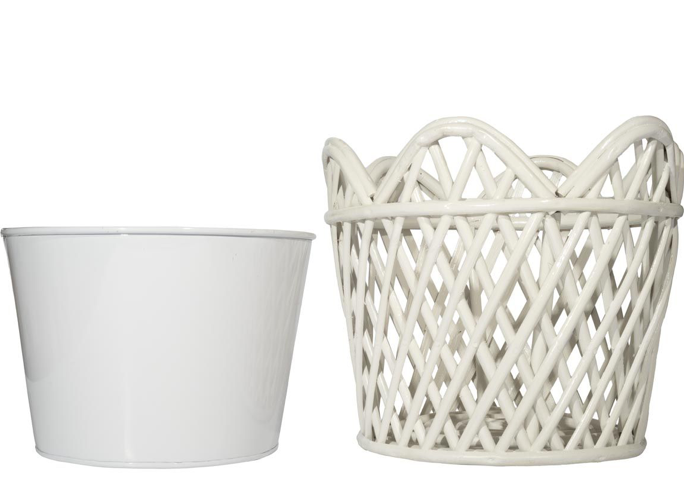 White ROUND SCALLOPED LATTICE RATTAN PLANTER