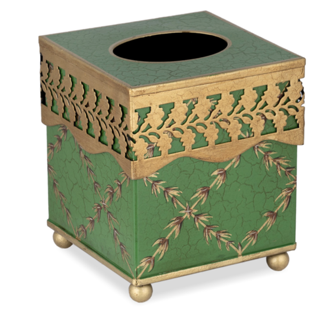 Moss Green & Gold Leaf Wastepaper Basket & Tissue (3 Options)