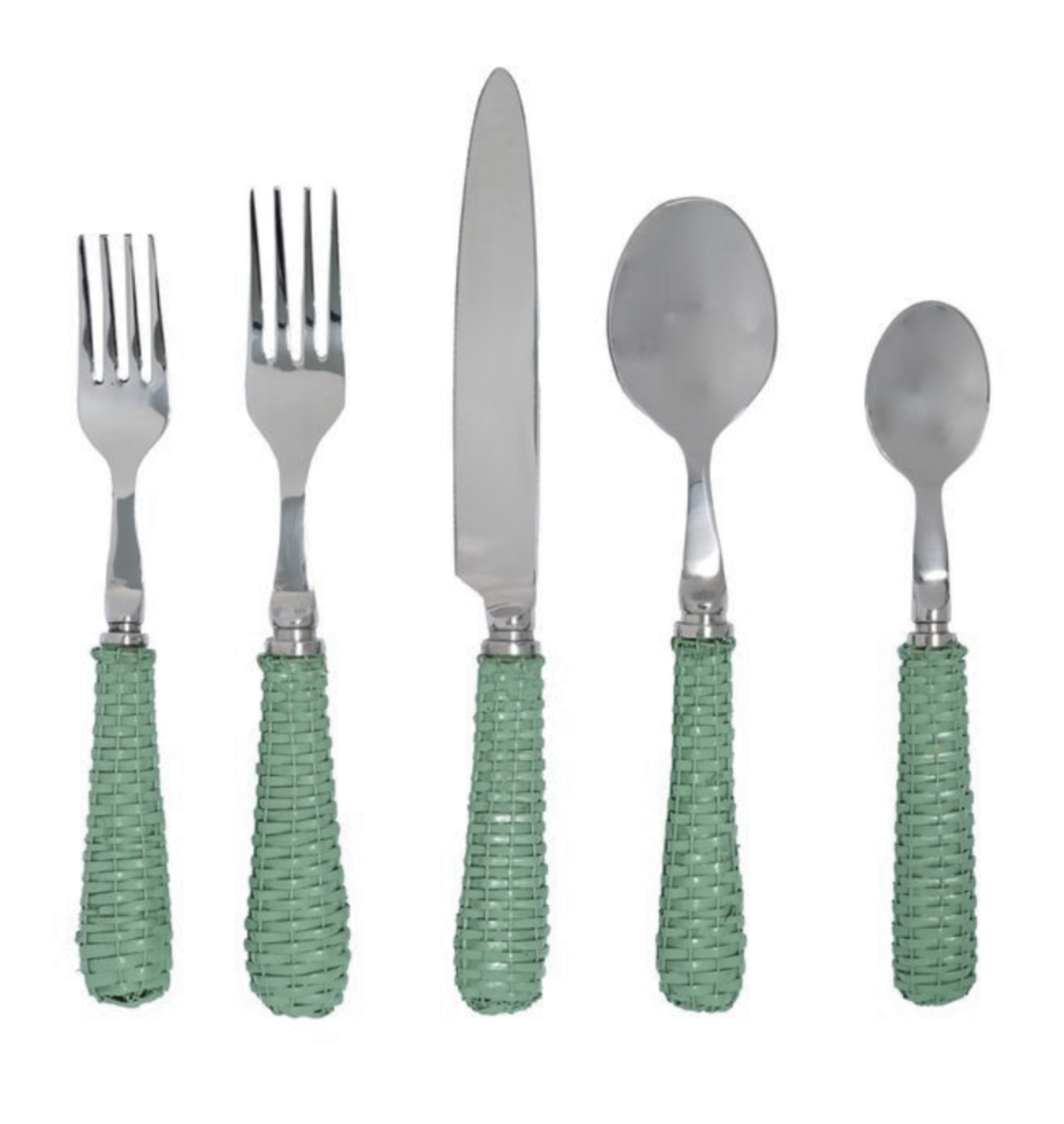 Soft Green Basketweave Five Piece Flatware Set