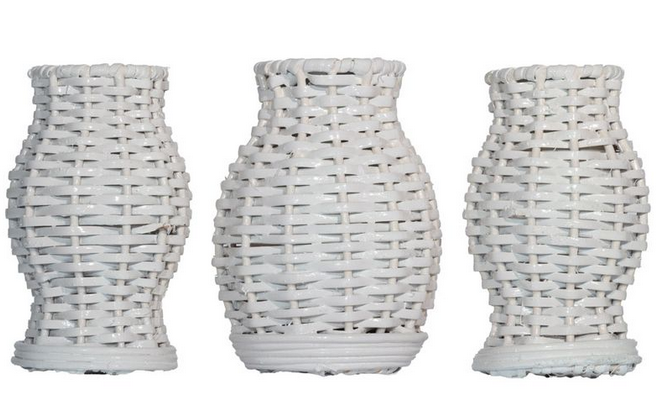 Set of 3 Mini White Wicker Vases